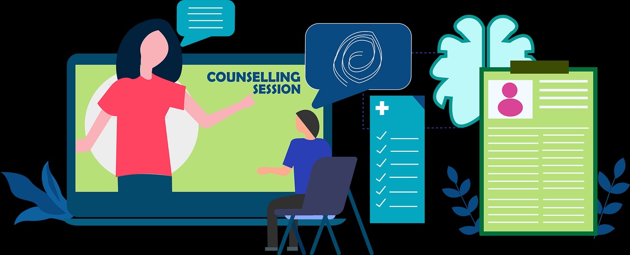 Image of woman standing in front of projector, projection reads Counselling Session, a man is sitting in a chair facing the woman.